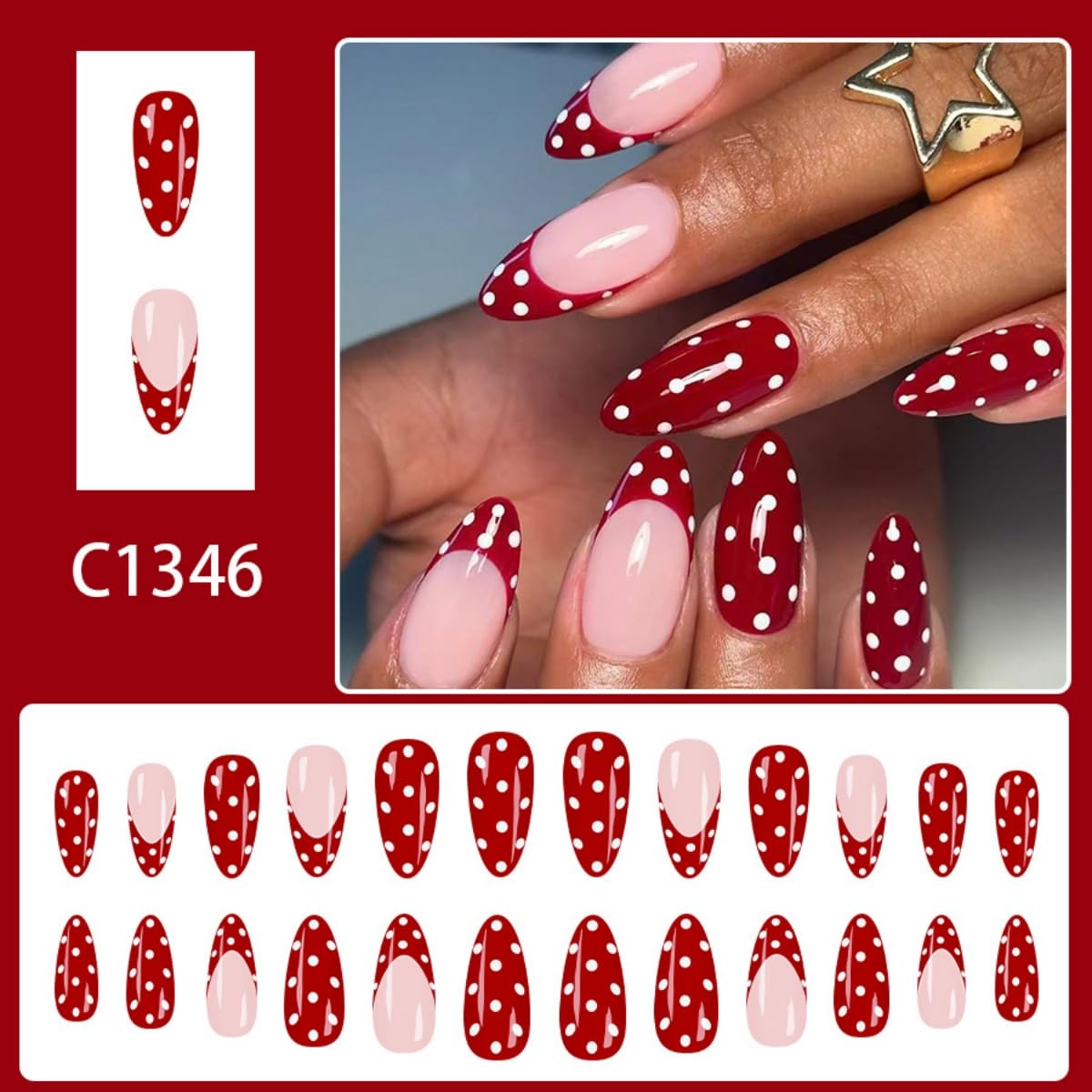 24Pcs French Tip Press on Nails Medium Almond Fake Nails with White Polka Dot Designs Stick on Nails Red Nails Press Ons Reusable Acrylic Glue On Nail for Women Nail Art Decoration