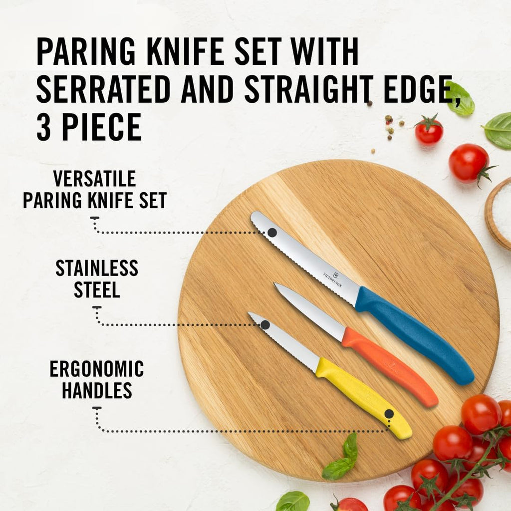 Victorinox Swiss Classic Paring Knife Set, 3 Pieces, Stainless Steel | Trio Of Sharp Straight & Wavy Edge Fruit Peeler Knives, Ergonomic Handles In Yellow, Orange & Blue, Dishwasher Safe