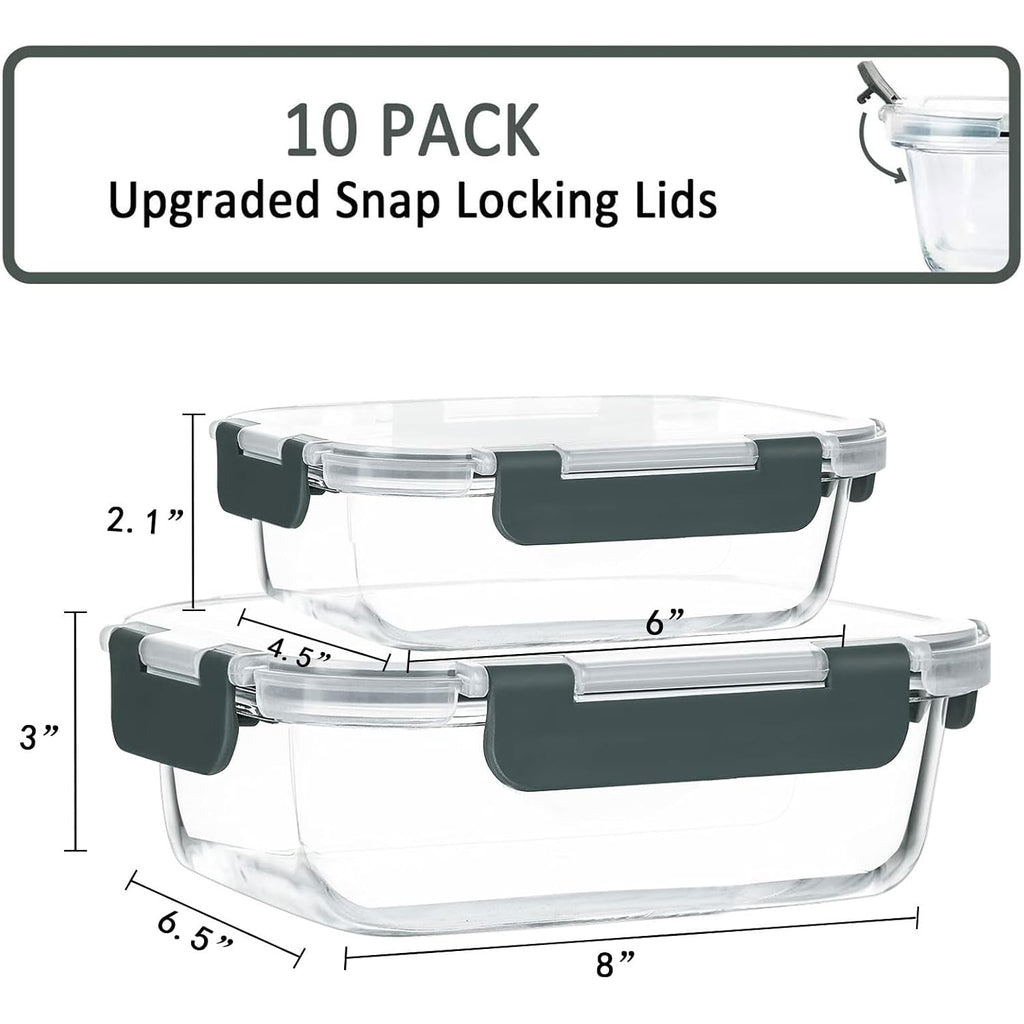 [10-Pack] Glass Meal Prep Containers With Lids, Mcirco Food Storage Containers With Snap Locking Lids, Airtight Lunch Containers, Microwave, Oven, Freezer And Dishwasher