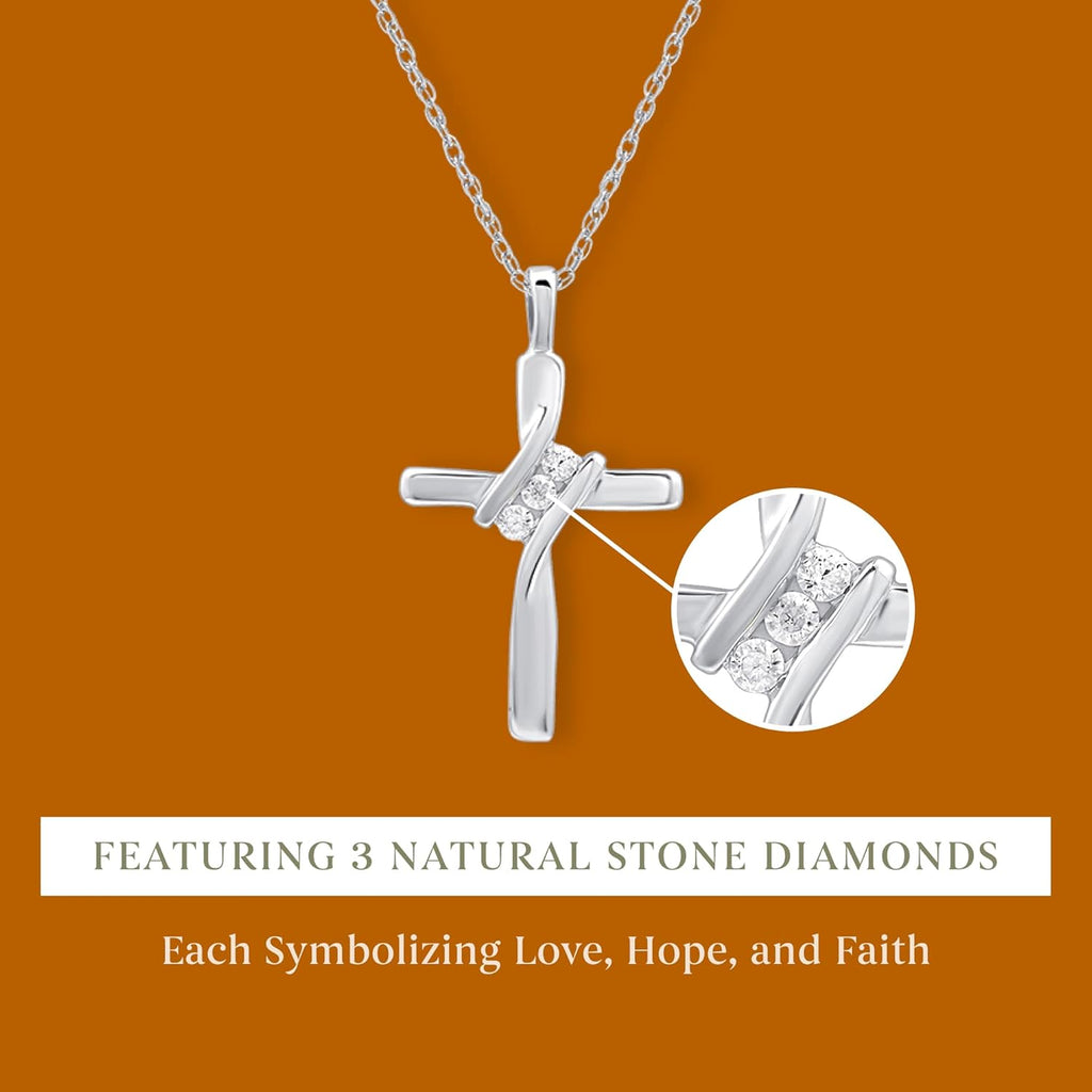 GILDED Small 10K White Gold Natural Round-Cut Diamond Accent (I-J Color, I2-I3 Clarity) 3 Stone Cross Pendant-Necklace,18"