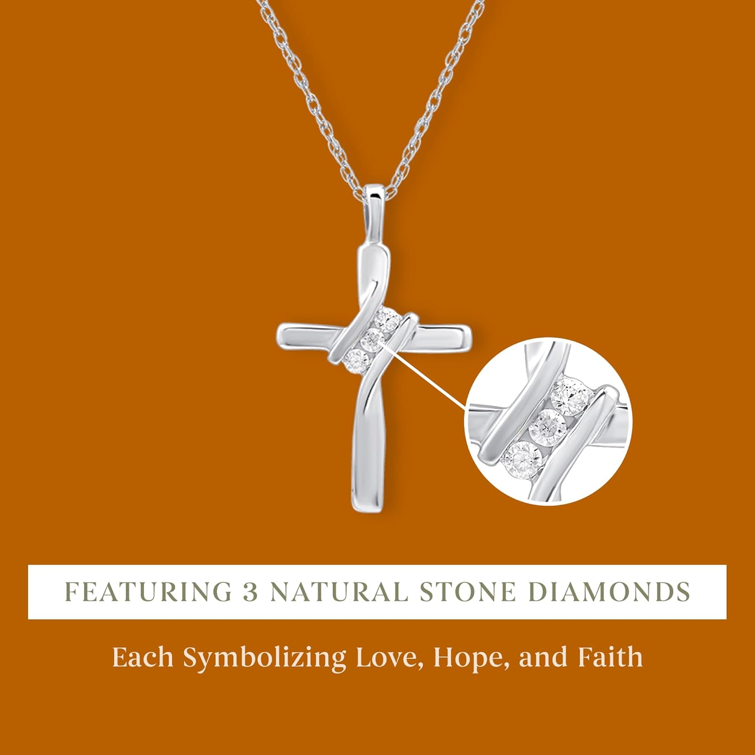 GILDED Small 10K White Gold Natural Round-Cut Diamond Accent (I-J Color, I2-I3 Clarity) 3 Stone Cross Pendant-Necklace,18"