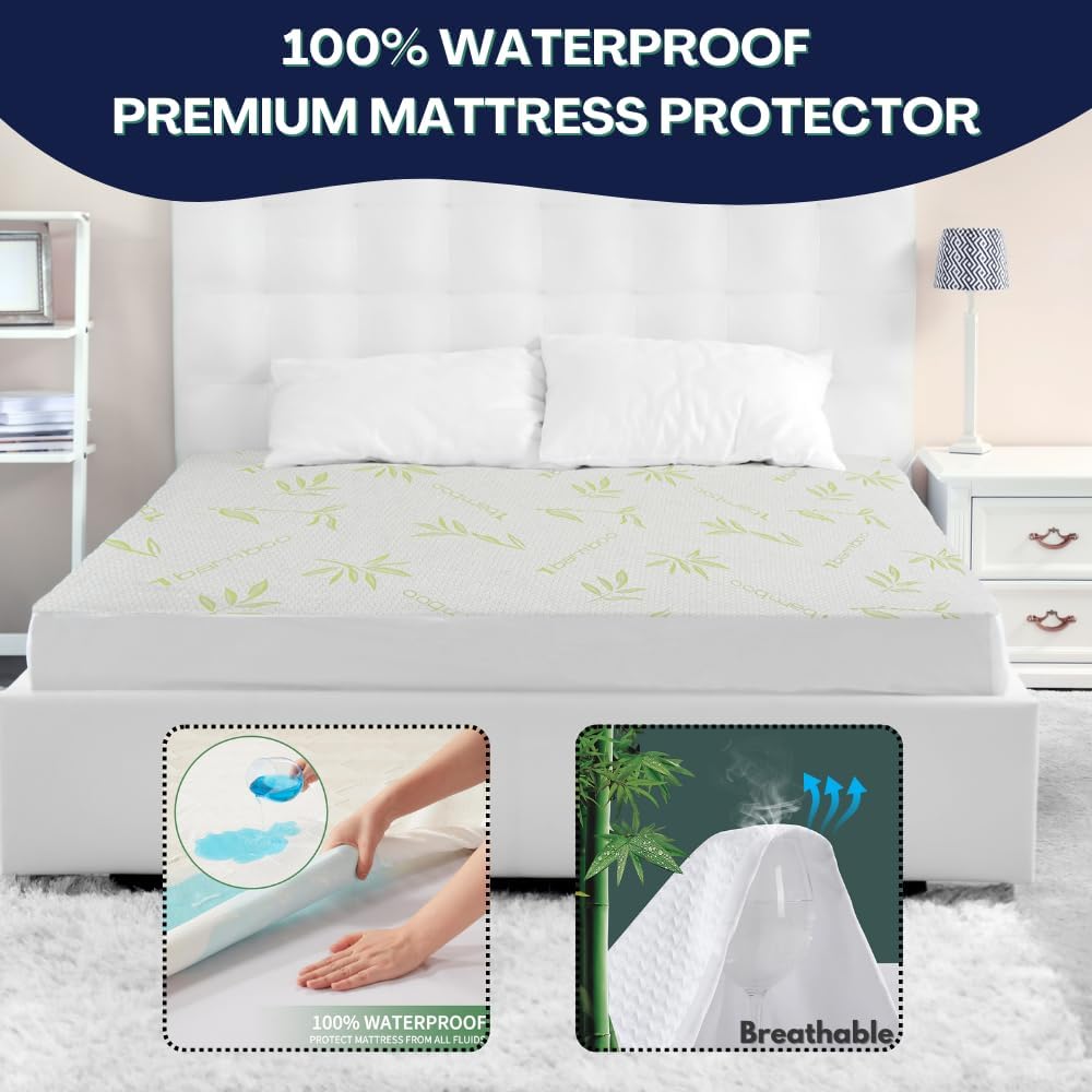 Bamboo Mattress Protector With Zipper - 100% Waterproof King Size Cooling Mattress Cover - Ultra Soft Jacquard Fabric Breathable Noiseless Mattress Pad Cover - Zippered Mattress Encasements
