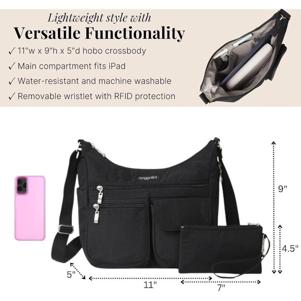 Baggallini womens Everywhere Bagg Crossbody Women 11x9 Lightweight Nylon Hobo Water-resistant Travel Bag W/Rfid