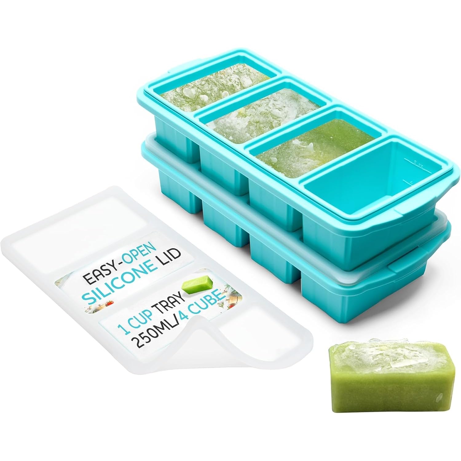 Silicone Freezer Tray With Lid - Soup Freezer Container Molds - Large Ice Cube Tray- Makes 8 Perfect 1 Cup Portions Cubes, 2-Pack Freezer Storage Food Soups & Meal Prep - Oven & Dishwasher -Safe