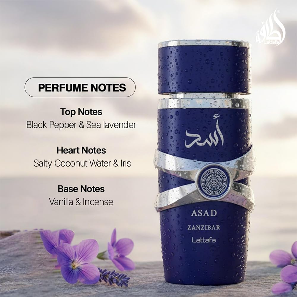 Lattafa Asad Zanzibar - Fresh, Spicy, Vanilla, Coconut - Eau De Parfum Long-Lasting Fragrance For Men, 3.40 Ounce / 100 Ml