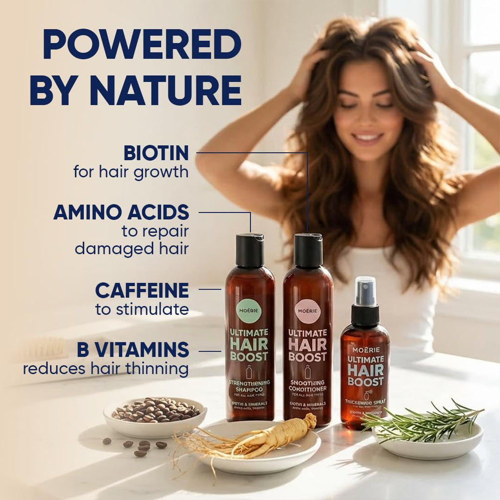 Moerie Hair Growth Shampoo, Conditioner And Spray For Men And Women, Hair Loss Solution With Biotin And Rosemary, Thickening Hair Regrowth Set With Serum Level Care For Thinning Hair