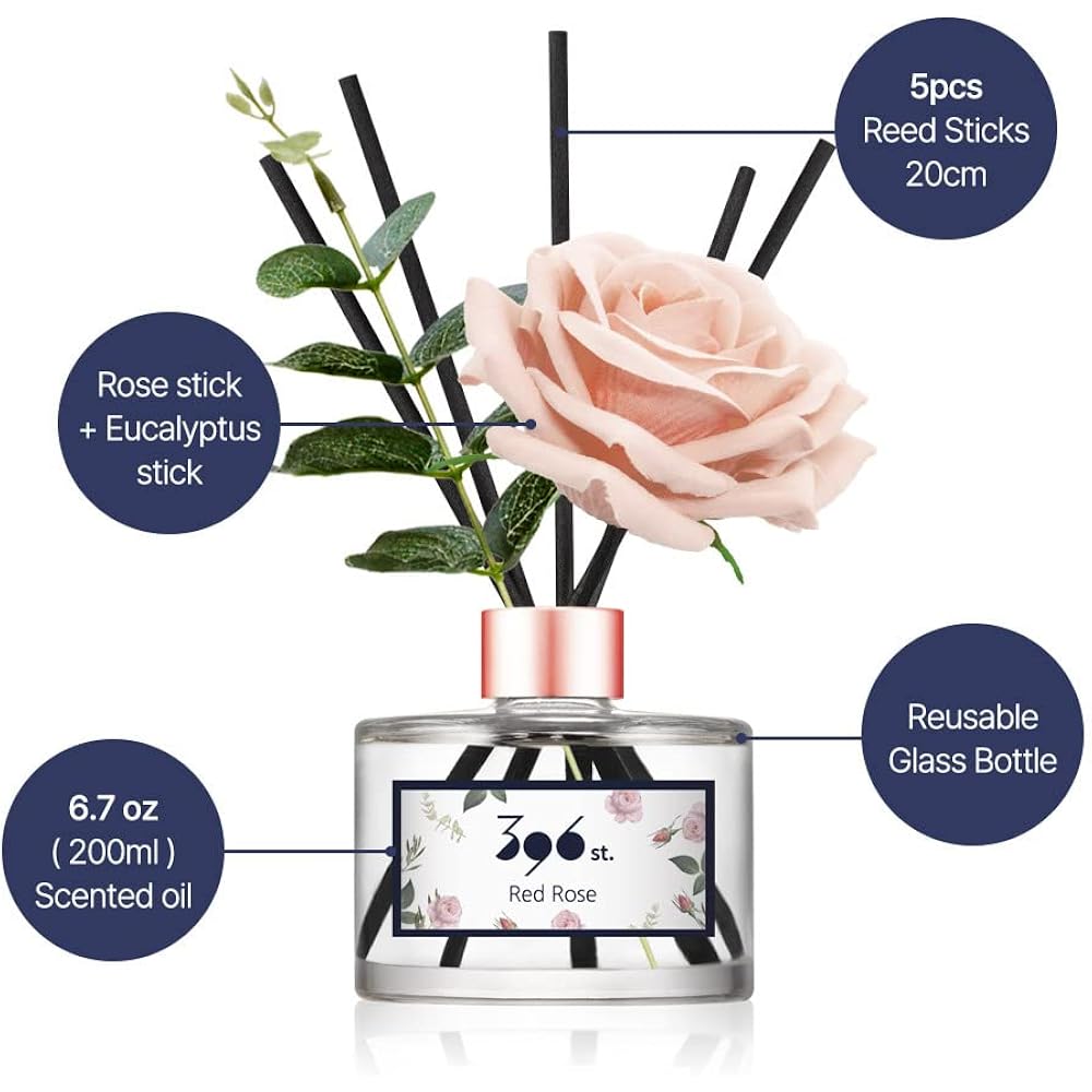 Rose Flower Reed Diffuser, Red Rose, 200Ml(6.7Oz) / Reed Diffuser Sets, Home Fragrance, Scented Oils, Home & Bathroom Décor