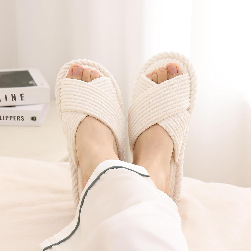 Evshine House Slippers For Women Memory Foam Bedroom Slippers Corduroy Open Toe Slides Shoes Indoor And Outdoor