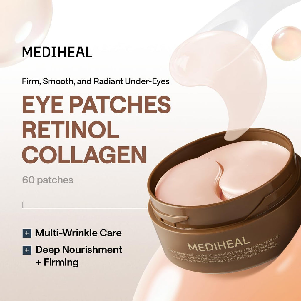 Mediheal Retinol Collagen Under Eye Patches - Korean Hydrogel Eye Pads (60 Patches) With 95% Retinol & Collagen - Improves Puffy Eyes & Dark Circles - Non Irritating, Encapsulated Retinol