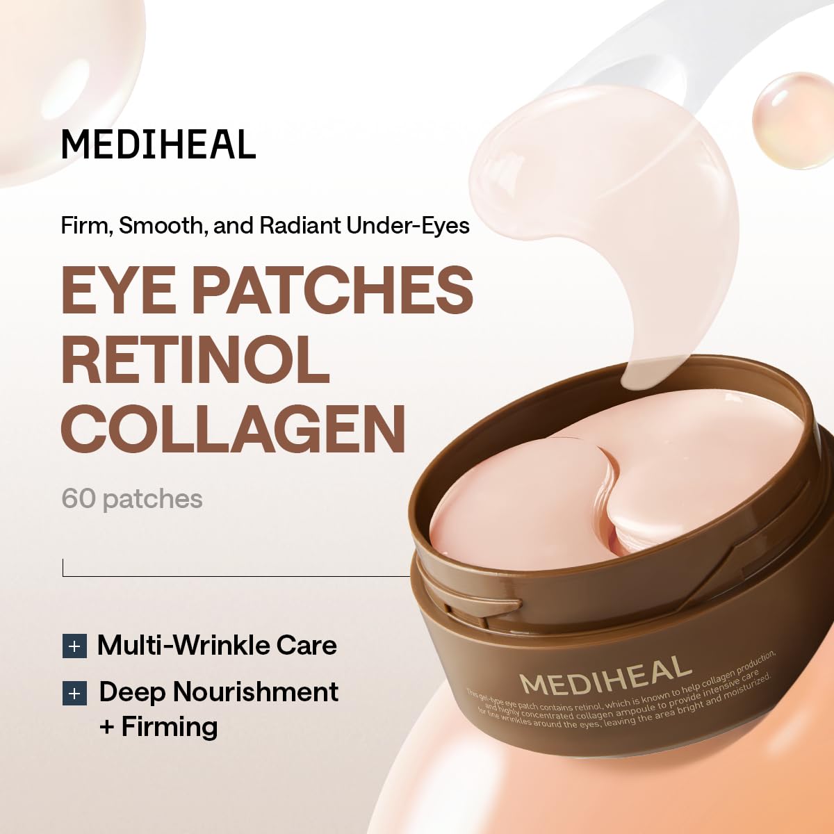 Mediheal Retinol Collagen Under Eye Patches - Korean Hydrogel Eye Pads (60 Patches) With 95% Retinol & Collagen - Improves Puffy Eyes & Dark Circles - Non Irritating, Encapsulated Retinol