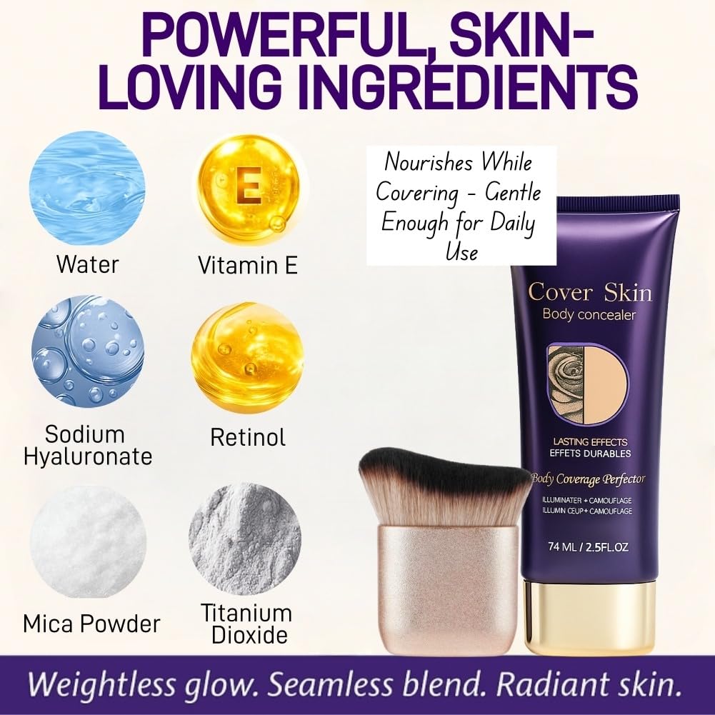 Waterproof Body Concealer With Body Brush for Leg & Body Makeup, Buildable Coverage Body Foundation for Uneven Skin Tone, Fine Lines & Dark Spots, Long-Lasting, Transfer-Resistant Natural Finish
