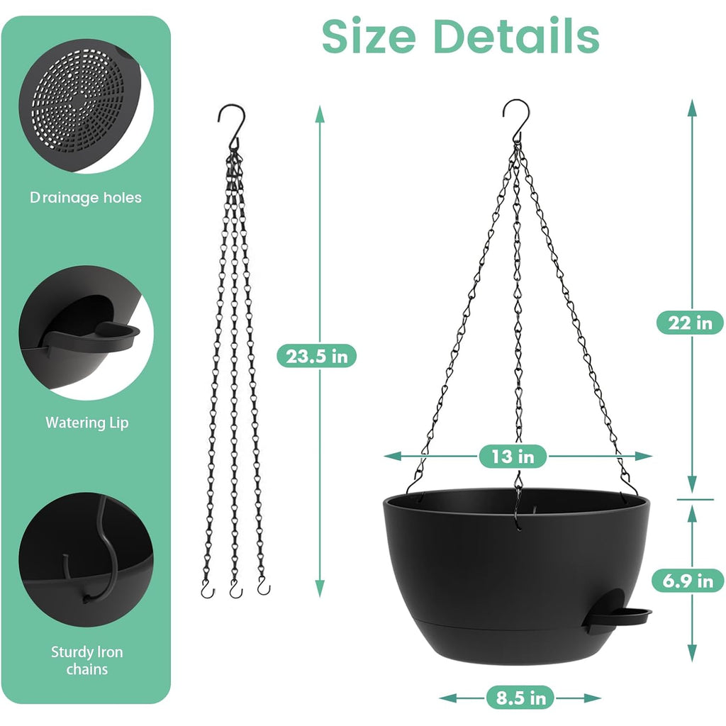 Uouz 13 Inch 2 Pack Large Self Watering Hanging Planters For Indoor Outdoor Plants, Hanging Plant Pots With Removable 50 Oz Reservoir, Plastic Hanging Basket For Window Porch Garden Balcony, Black