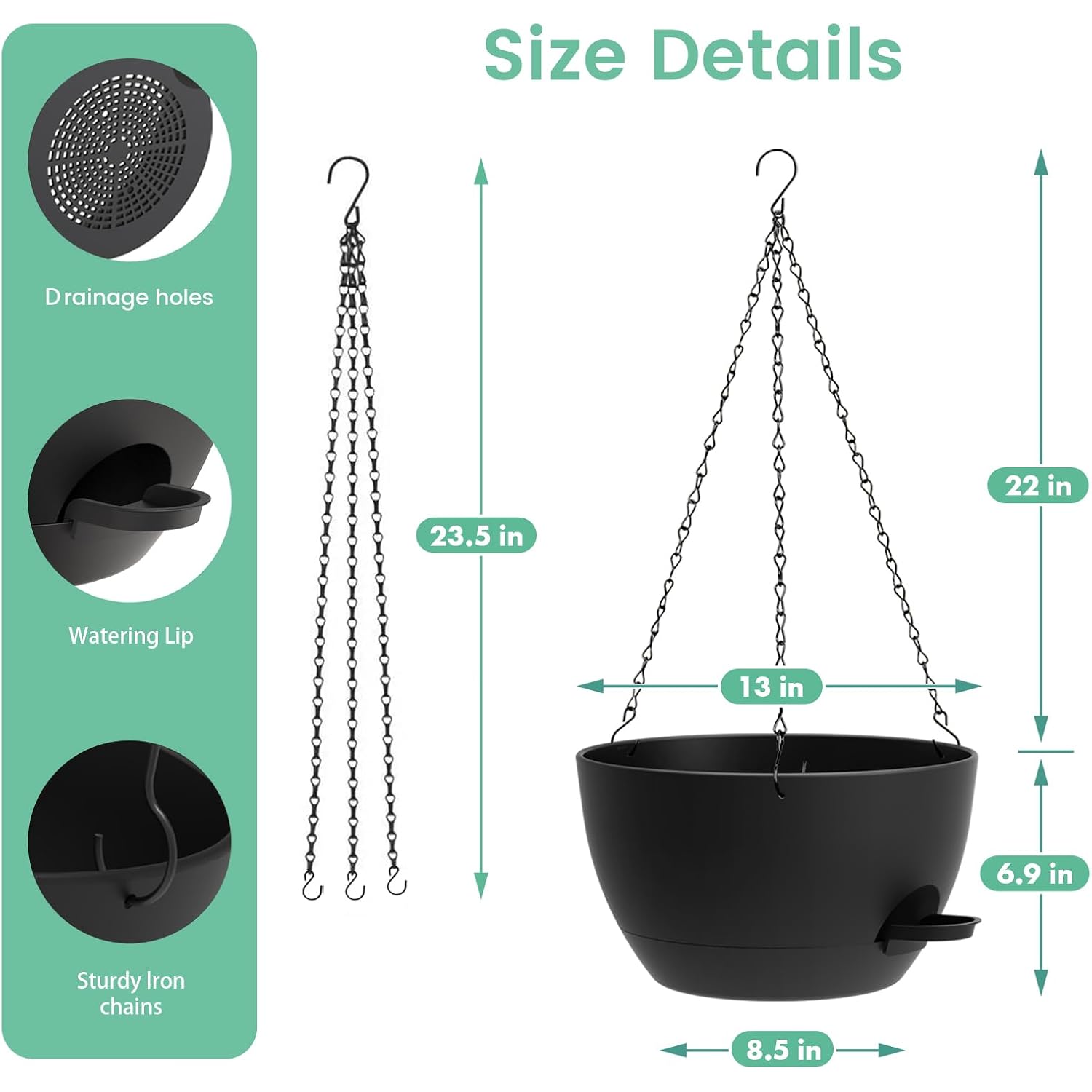 Uouz 13 Inch 2 Pack Large Self Watering Hanging Planters For Indoor Outdoor Plants, Hanging Plant Pots With Removable 50 Oz Reservoir, Plastic Hanging Basket For Window Porch Garden Balcony, Black