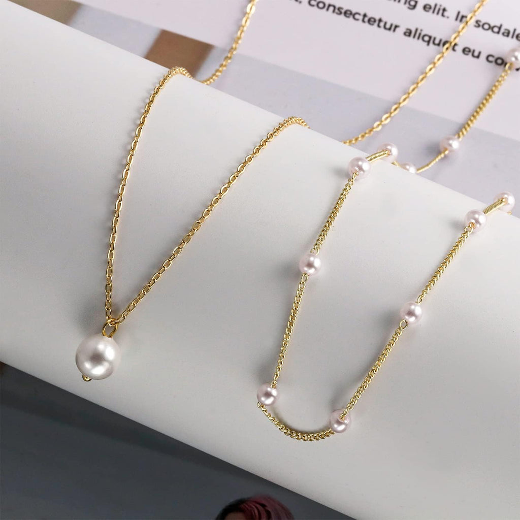 Gold Pearl Necklace for Women, 14K Gold Plated Layered Pearl Necklaces for Women Trendy Simple Herringbone Chain Pearl Necklace for Women Gold Jewelry Gifts