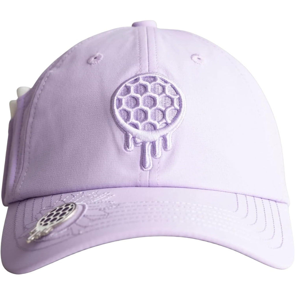 Ladies 6 Panel Unstructured Open Back Golf Hat - Snapback - Tee Holder With Tees & Bill Magnet With Ball Marker