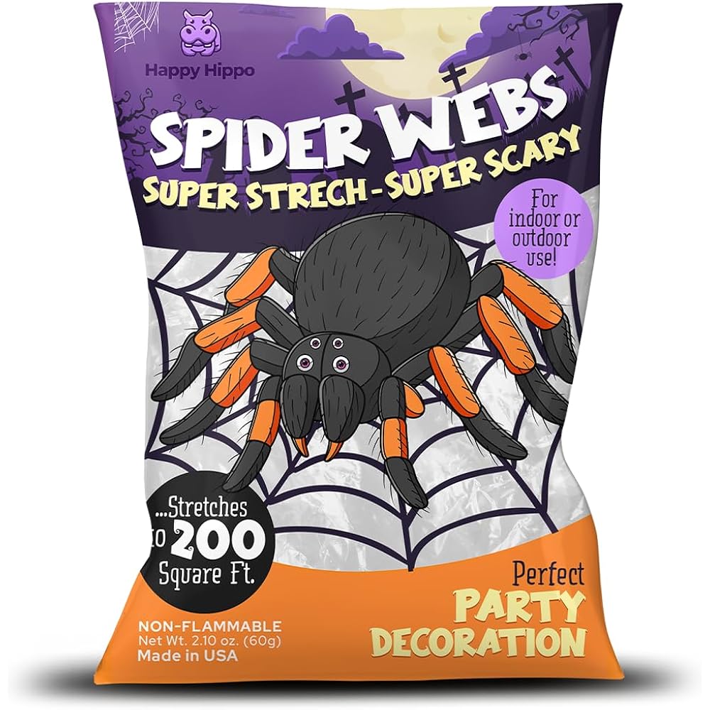 Happy Hippo Halloween Spider Web Decoration, 200 Sqare Feet & Plastic Spiders, Halloween Party Supplies, Spider Webs (Small, 200 Sq Feet) (8 Fake Spiders Included)