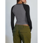 Trendy Queen Women'S Long Sleeve Shirts Slim Fit Stretchy Color Block Slightly Cropped Tops