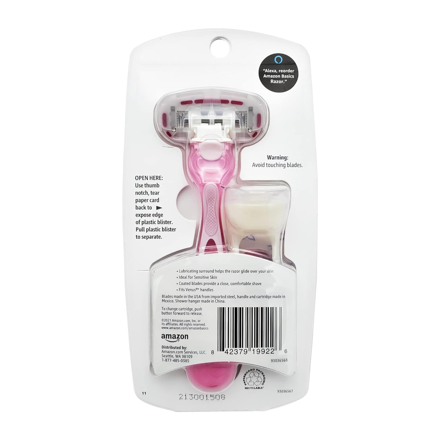 Amazon Basics Women's 5-Blade Razor for Smooth, Close Shave, FITS Amazon Basics Handle and Venus Handles, Includes 1 Handle, 2 Cartridges & 1 Shower Hanger