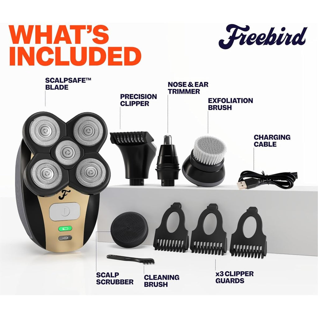 Freebird FlexSeries Head Shaver for Bald Men 5 Blade Electric Razor with ScalpSafe Anti Bump Technology Cordless Wet Dry Shaver Kit Nose Hair Trimmer IPX6