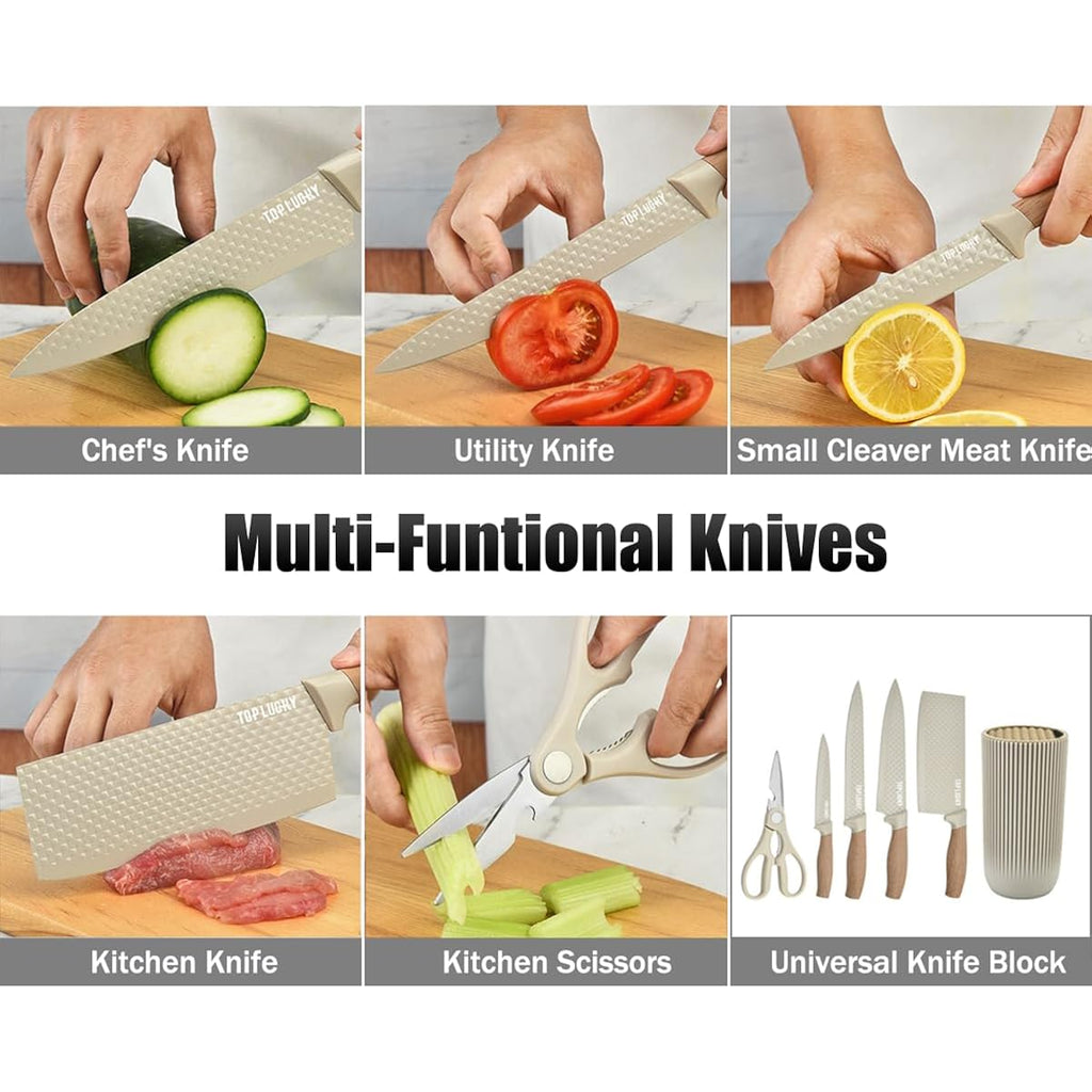 Knife Set, Wiztoynia 6-Piece Khaki Kitchen Knife Set for Home, Anti-Rust Non-stick Stainless Steel Sharp Chef Knife Sets with Universal Knife Block for Kitchen, Ergonomical Design (Khaki)