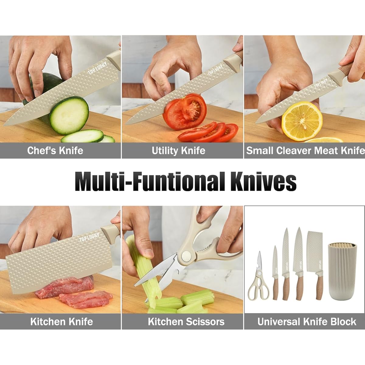 Knife Set, Wiztoynia 6-Piece Khaki Kitchen Knife Set for Home, Anti-Rust Non-stick Stainless Steel Sharp Chef Knife Sets with Universal Knife Block for Kitchen, Ergonomical Design (Khaki)