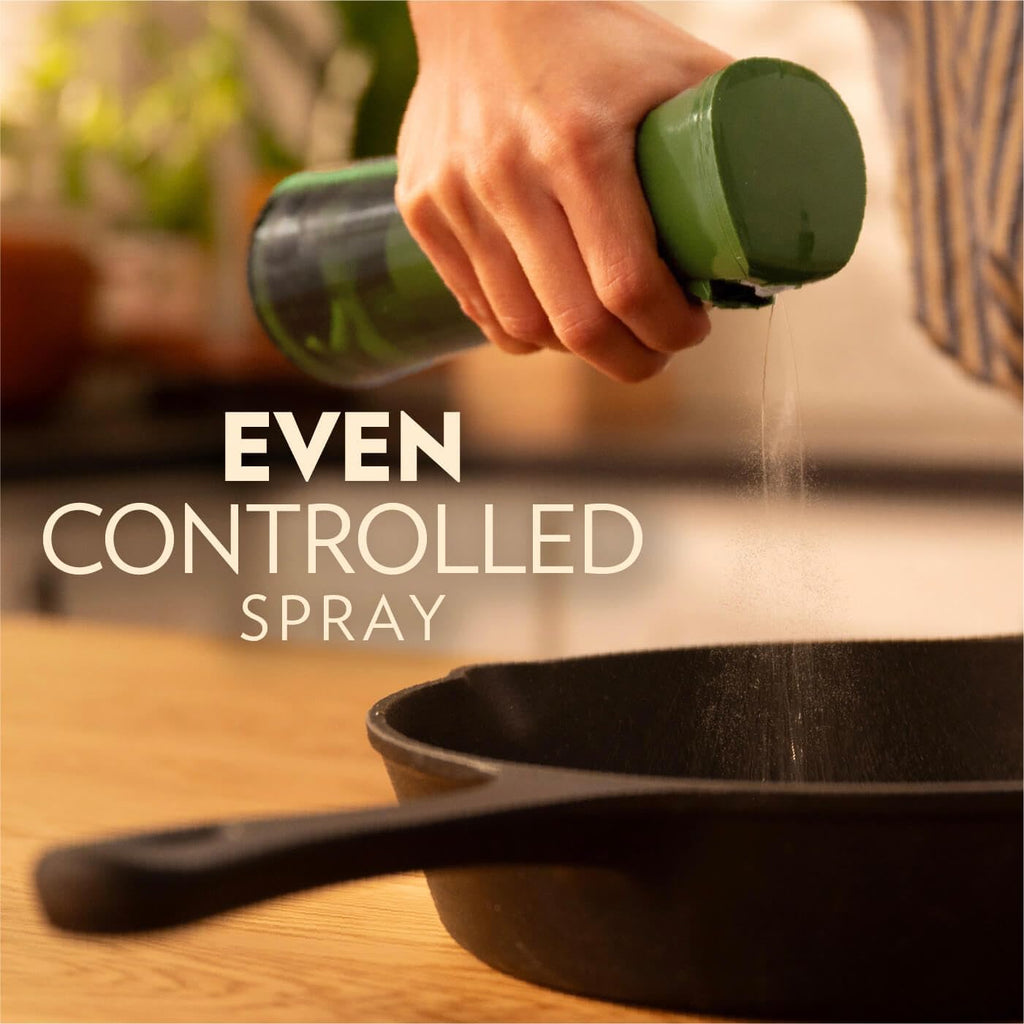 Olivia Signature Advanced Kitchen Oil Sprayer With Flairosol Technology, Fine Mist & Portion Control, Refillable Glass Olive Oil Cooking Spray Bottle For Air Fryer, Salad, Bbq, 200Ml (Green, Gold)