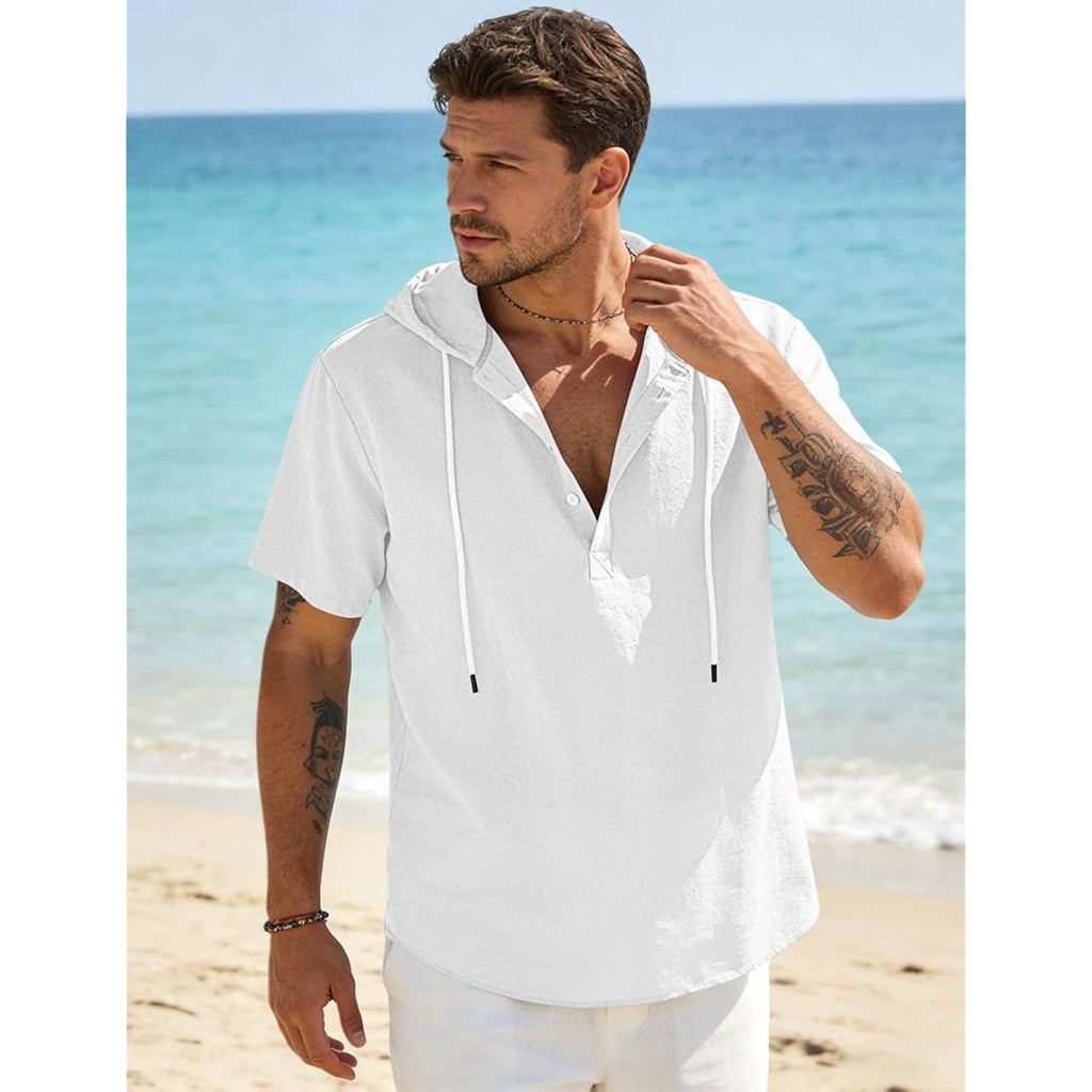 Men'S Cotton Linen Shirts Short Sleeve Casual Button Down Hoodies Summer Hawaiian Beach Top With Drawstring