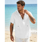 Men'S Cotton Linen Shirts Short Sleeve Casual Button Down Hoodies Summer Hawaiian Beach Top With Drawstring