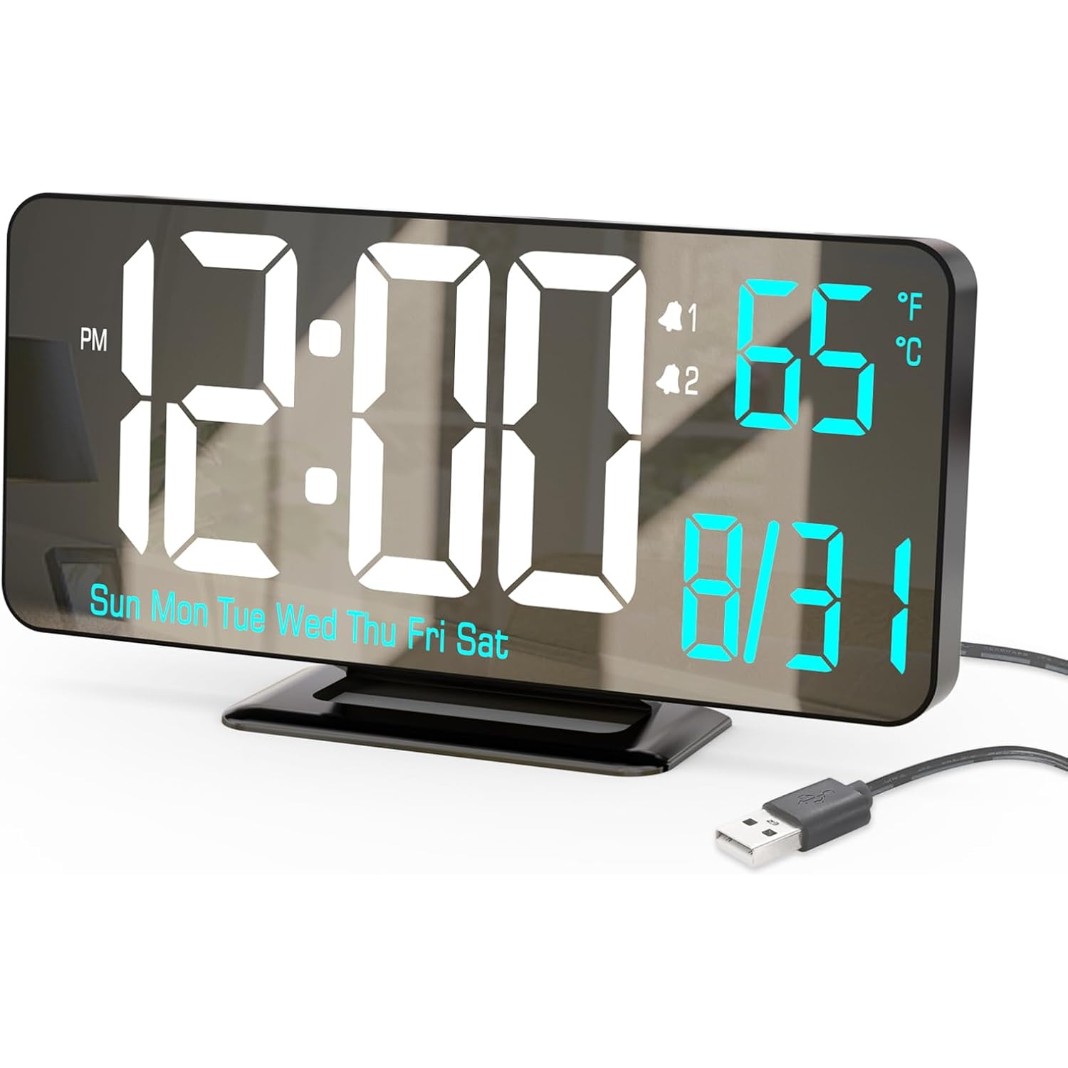 Digital Alarm Clock 6.7In Black Clock For Bedroom, Dual Alarm, Date, Seconds,Day Of Week,12/24H,Dimming, Temp, Desk Clock, Led Clock For Living Room, Calendar Digital Clock