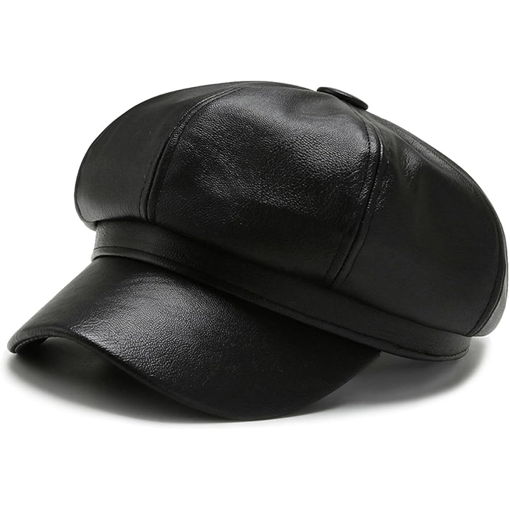 Women Fiddler Cap Newsboy Hat PU Leather Visor Beret Cap Black-b