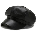 Women Fiddler Cap Newsboy Hat PU Leather Visor Beret Cap Black-b