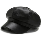 Women Fiddler Cap Newsboy Hat PU Leather Visor Beret Cap Black-b