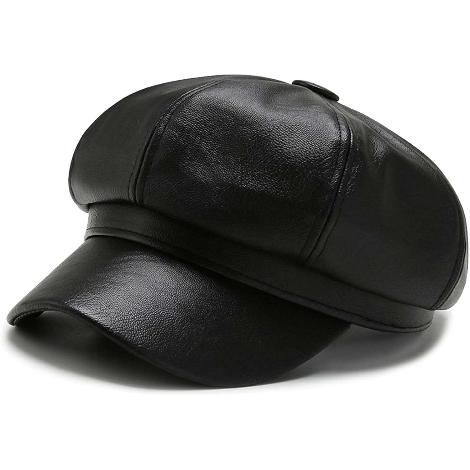 Women Fiddler Cap Newsboy Hat PU Leather Visor Beret Cap Black-b