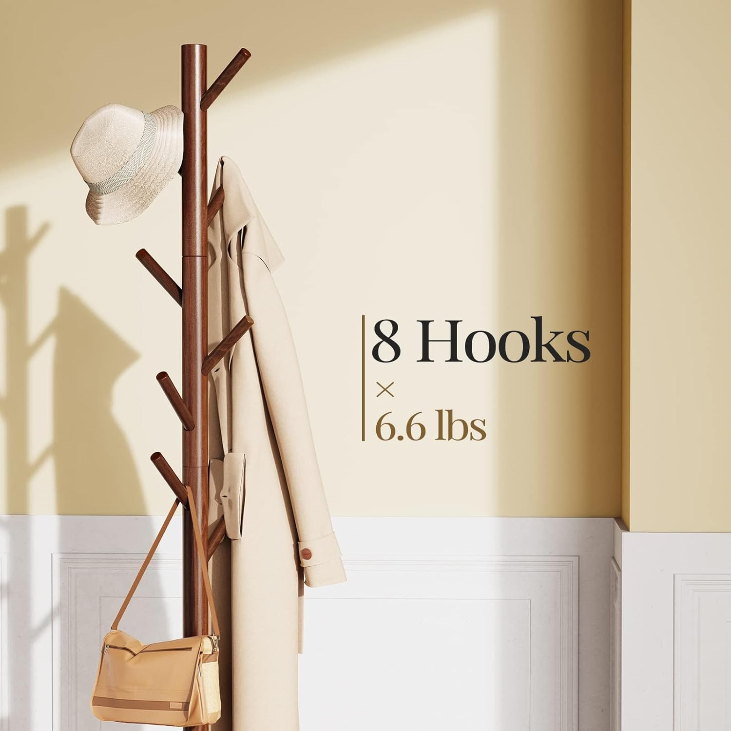 Pipishell Solid Wooden Coat Rack Freestanding, Hall Tree with 8 Hooks, 3 Height Options for Coats, Hats, Handbags, and Scarves, Tool-Free Assembly, Space Saving Design for Entryway, Office, Bedroom