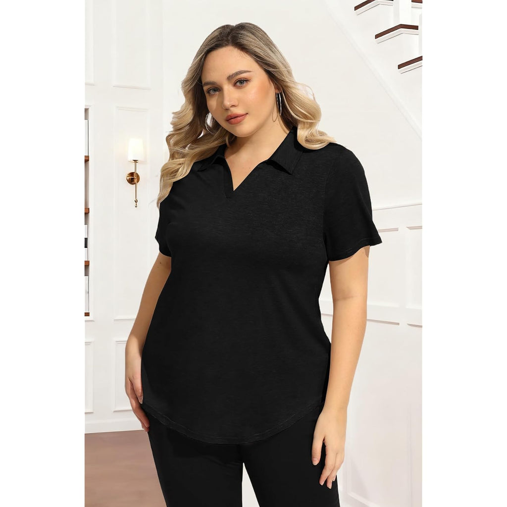 Plus Size Tops for Womens Polo Shirt Zipper Tshirt Office Business V Neck Tunic Work Blouses Dressy Collared Clothes