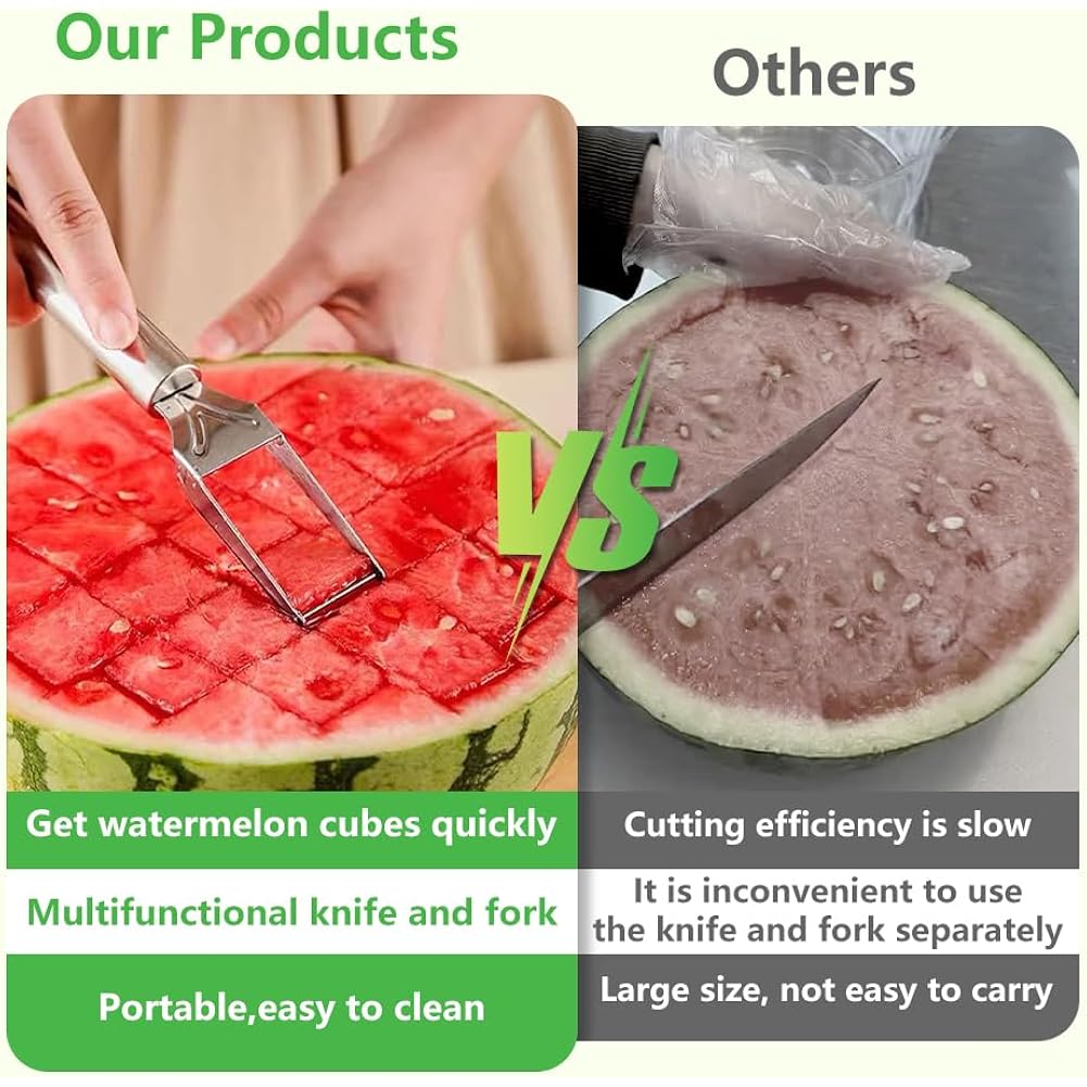 2-in-1 Stainless Steel Fruit Cutter, Watermelon Slicer with Fork, Dual Head Watermelon Fork Slicer Tool for Cubes, Fruit Knife with Round Handle for Home Kitchen, Picnic & Party (1Pack)