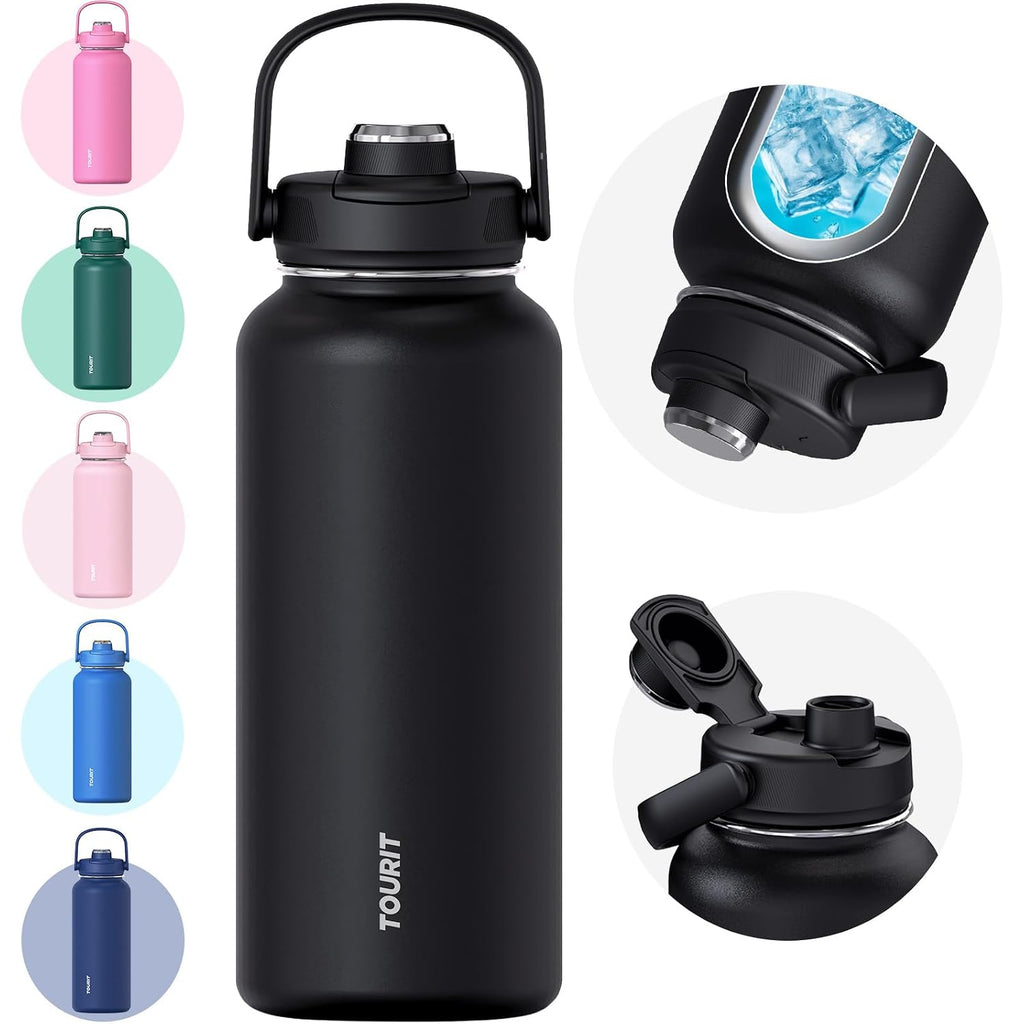 Tourit 32 Oz Insulated Water Bottle, Stainless Steel Sports Water Bottles With Top Handle, Double-Wall Travel Thermal Water Flask, Bpa Free Leakproof Water Bottle For Sports And Travel (Obsidian)