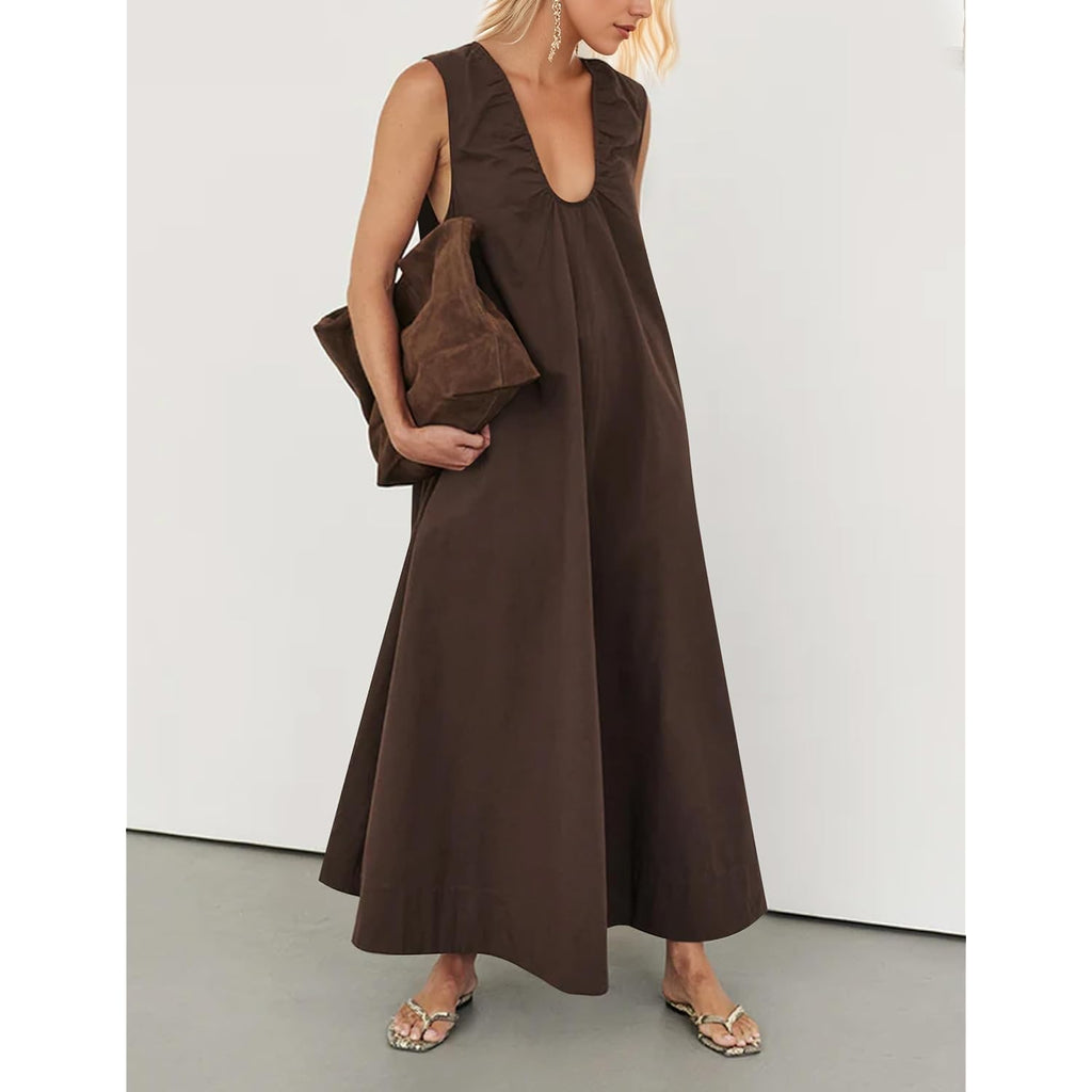 Women Sleeveless Ruched Maxi Dress Scoop Neck Long Elegant Dresses Wide Shoulder Strap Blouse Dress With Side Pockets
