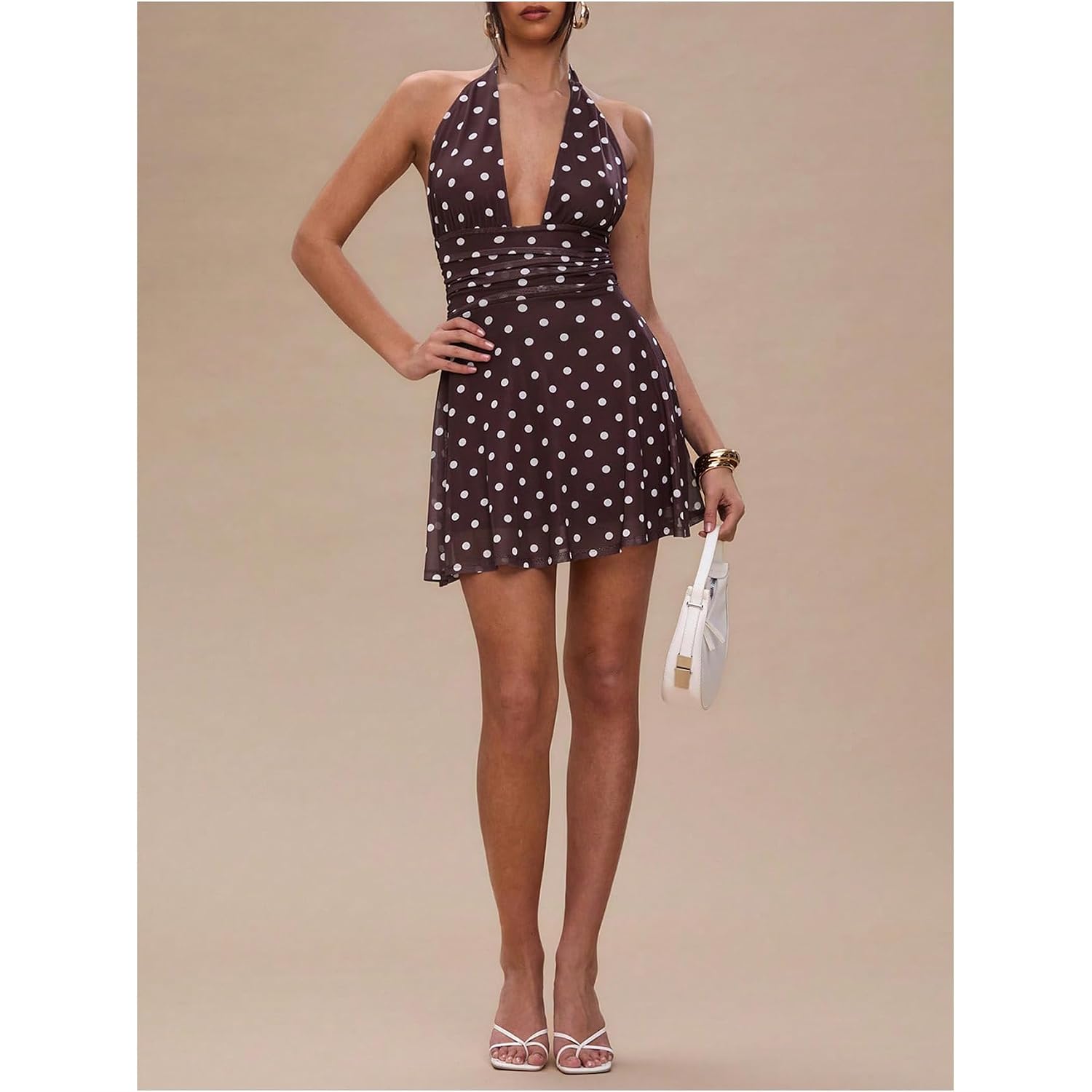Milumia Women'S Polka Dots Ruched Backless Halter Mini Dress Sexy Deep V Neck A Line Short Dresses