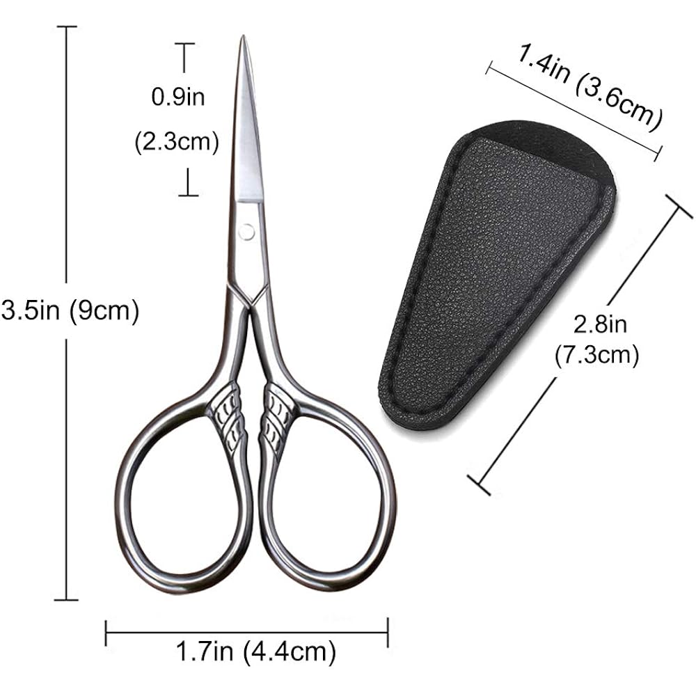 Small Precision Scissors, 3.5Inch Stainless Steel Multi-Purpose Vintage Beauty Grooming Kit For Facial Hair, Eyebrow, Eyelash, Beard, Moustache With Pu Sheath