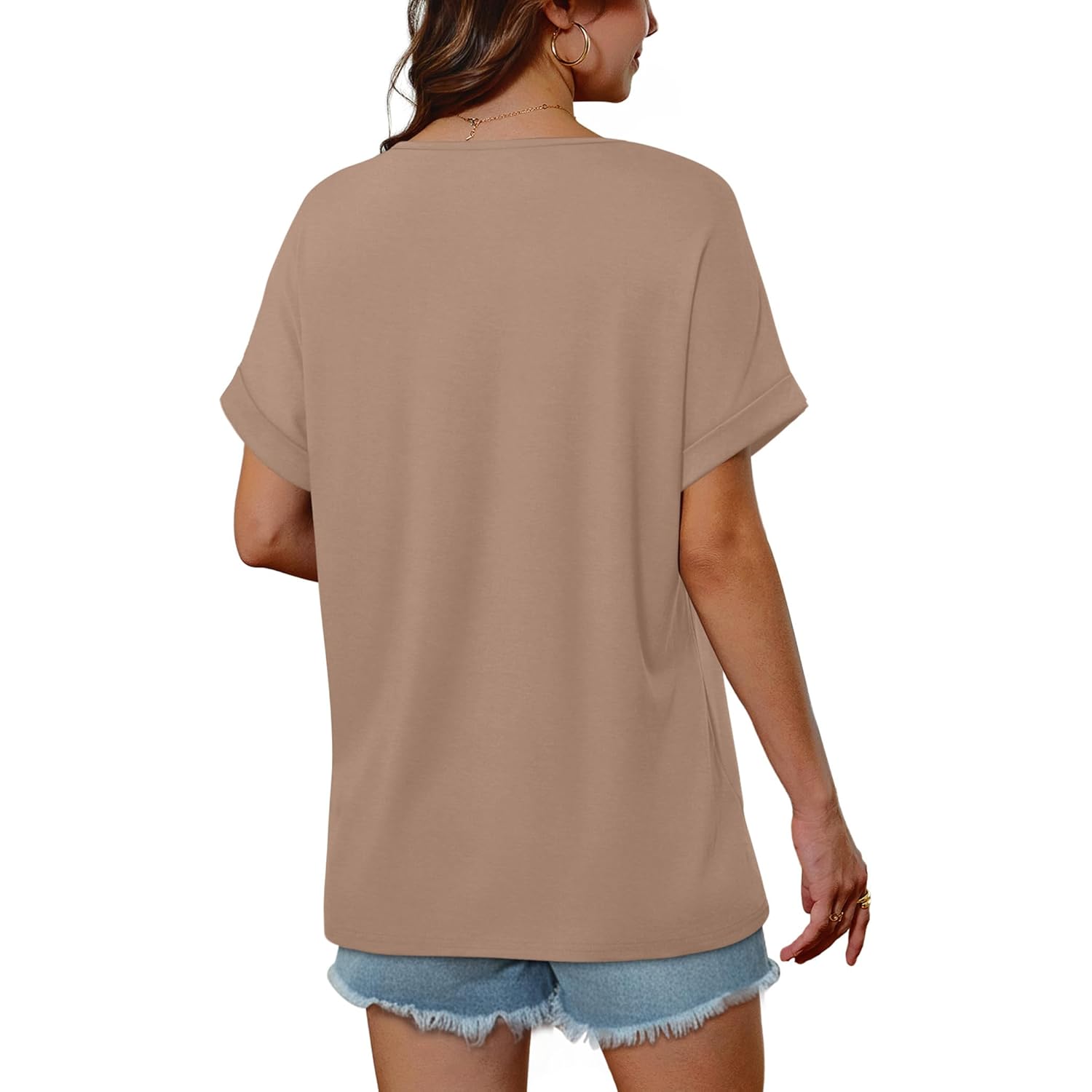 Womens Oversized V Neck Tshirts Plus Size Summer Tops 2026 Short Rolled Sleeve Shirts Dressy Casual Blouses S-4XL