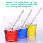 Xuxu 100Pcs 8Oz Graduated Clear Plastic Measuring Cups With 100Pcs Wooden Stirring Sticks For Mixing Paint, Pigments, Epoxy Resins, Resins