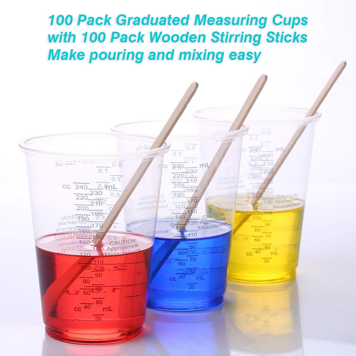 Xuxu 100Pcs 8Oz Graduated Clear Plastic Measuring Cups With 100Pcs Wooden Stirring Sticks For Mixing Paint, Pigments, Epoxy Resins, Resins