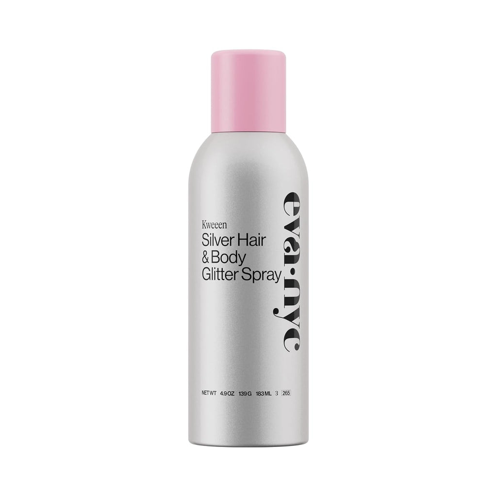 Eva Nyc Kweeen Silver Hair And Body Glitter Spray - Our Original Ultra Shimmery Glitter, New Look - Adds Shine + Non-Sticky - Quick Drying Sparkle Spray - Warm Vanilla Scent - 4.9 Oz