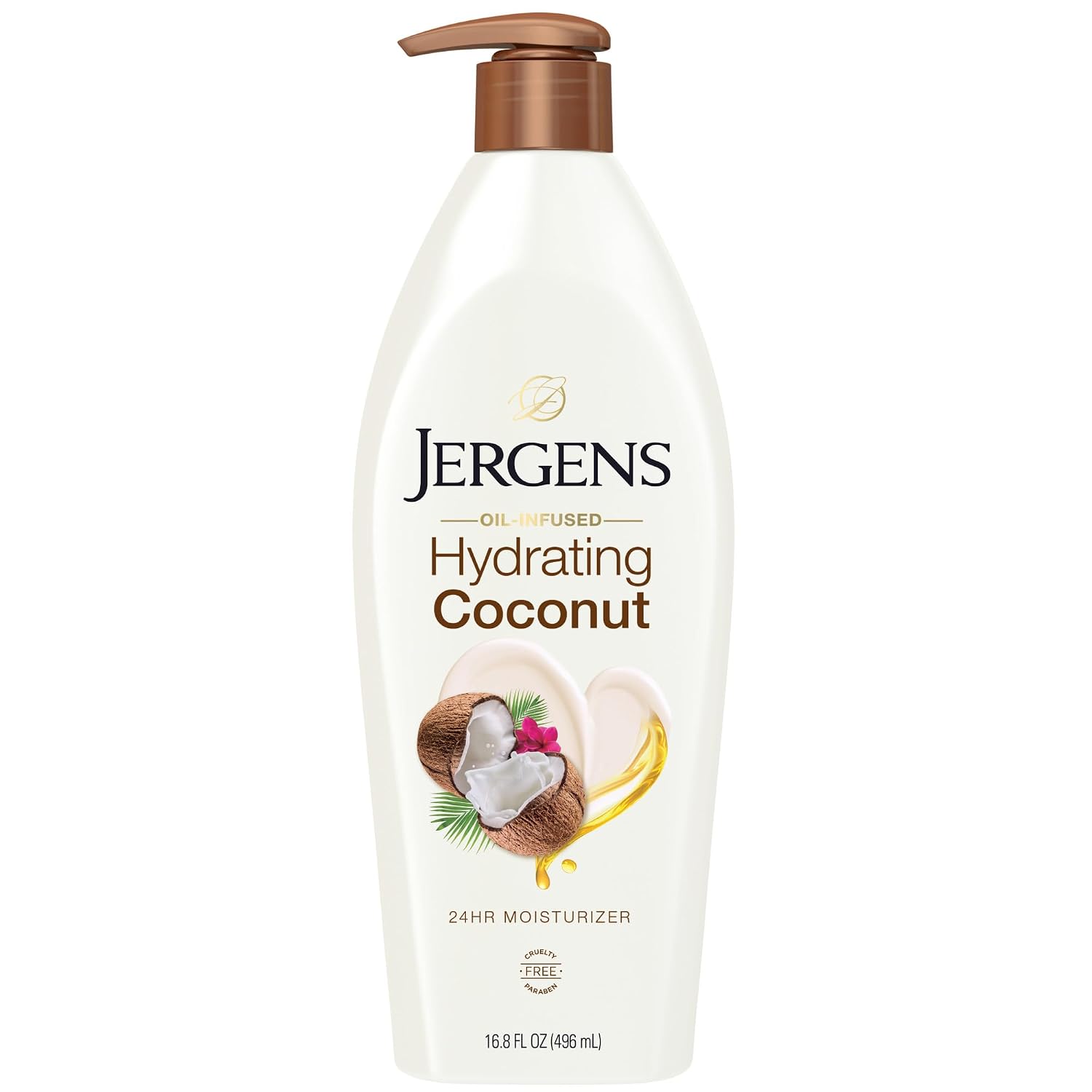 Jergens Hydrating Coconut Body Lotion For Dry To Extra Dry Skin, Moisturizer That Instantly Hydrates Skin With Coconut Oil, Dermatologist Tested, 16.8 Oz