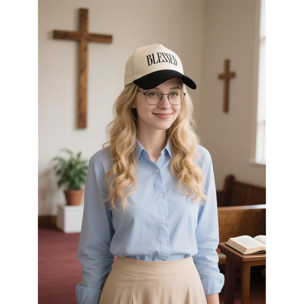 Blessed Trucker Hat, Vintage Embroidered Christian Baseball Caps for Men & Women, Trendy Religious/Birthday Gifts Blessed-black/Beige