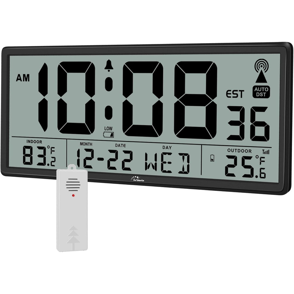 Atomic Clock With Indoor Outdoor Temperature, 14.5" | Easy To Read, Self Setting, Jumbo Auto Set Digital Wall Clock, Battery Operated