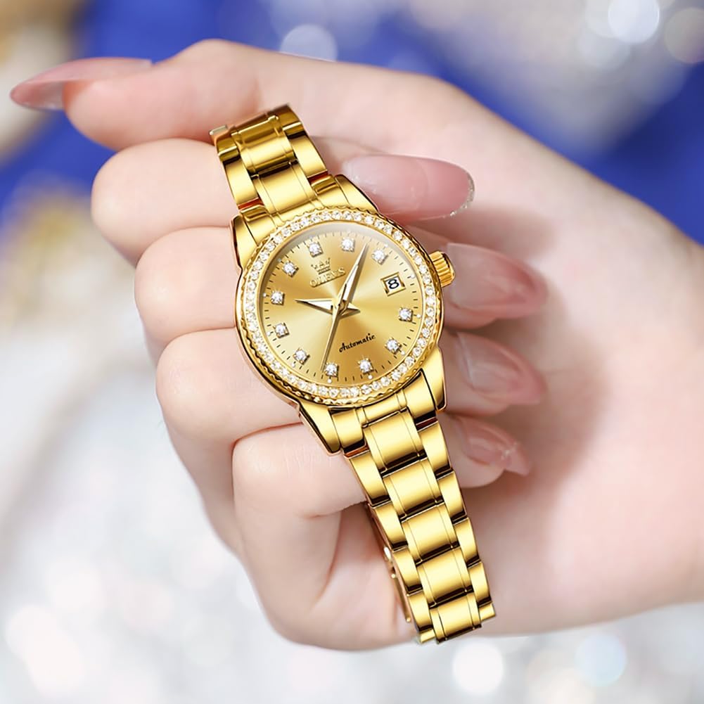 Olevs Womens Automatic Watch Gold Luxury Diamond Self Winding Ladies Wrist Watches Waterproof Luminous Date