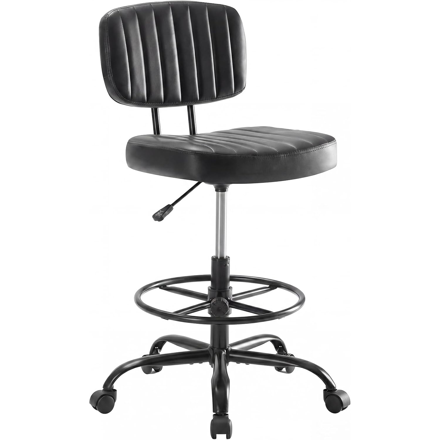 Dumos Armless Drafting Chair, Low Back Office Seat With Adjustable Footrest Ring For Standing Desk, Ergonomic Pu Leather Office Seating, Swivel Rolling High Stool For Studio, Lab, Counter, Black