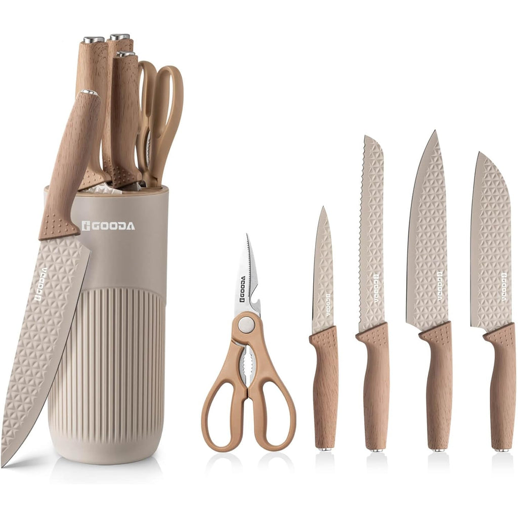 Kitchen Knife Set With Block,6-Piece Professional Chef Cooking Knives Set For Kitchen,Non-Stick Stainless Steel Knife Block Set